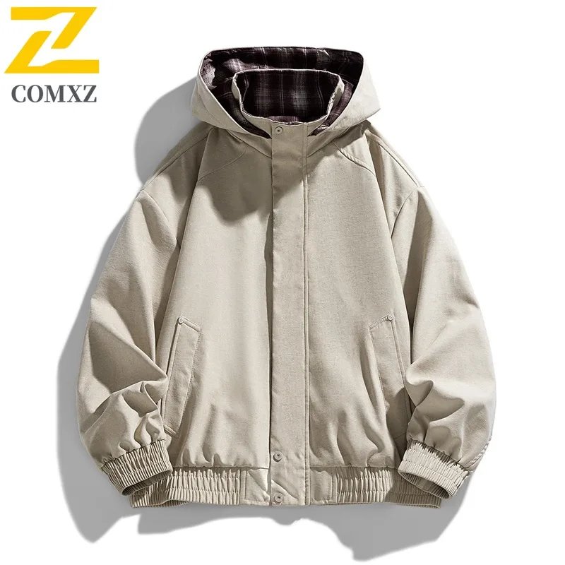 EIAO Suede Hooded Jacket Vintage Plaid Shirt Collar Two-Layer Design Spring Couple Windbreaker Streetwear Oversized Outerwear