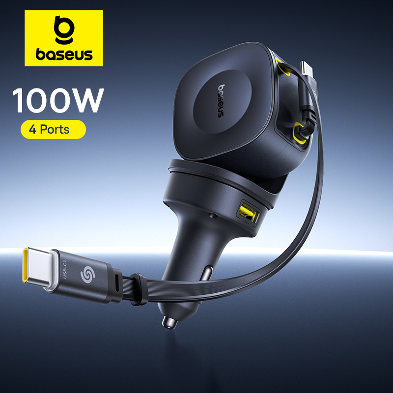 Baseus 100W Car Charger PD QC Fast Charging Dual Type-C Retractable Cable 4 ports 450°Rotation For Laptop Tablet iPhone Samsung