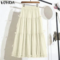 VONDA Plus Size 5XL Women Elegant Bow Maxi Skirts Fashion High Waist Pleated Ruffled Long Skirts Elastic Waist Jupes Faldas Saia - Image 2