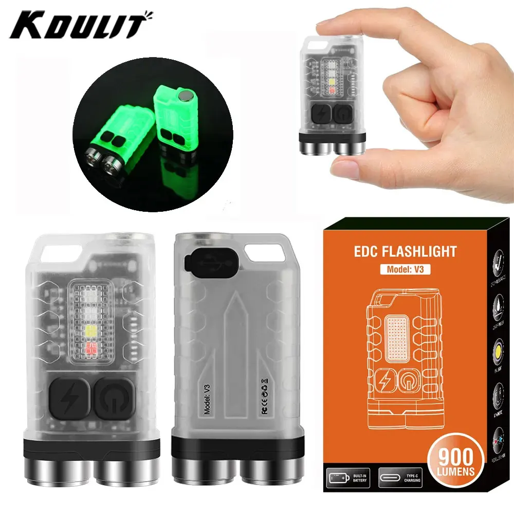 V3 EDC LED Flashlight Portable Mini Keychain Light TYPE-C Rechargeable Pocket Torch with Magnet UV Lamp Camping Fishing Lantern