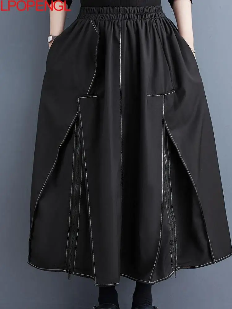 

Punk Style Black Skirt Woman Autumn Loose Literary Asymmetrical Temperament Elegant High Waist Vintage Mid-calf A-line Skirt