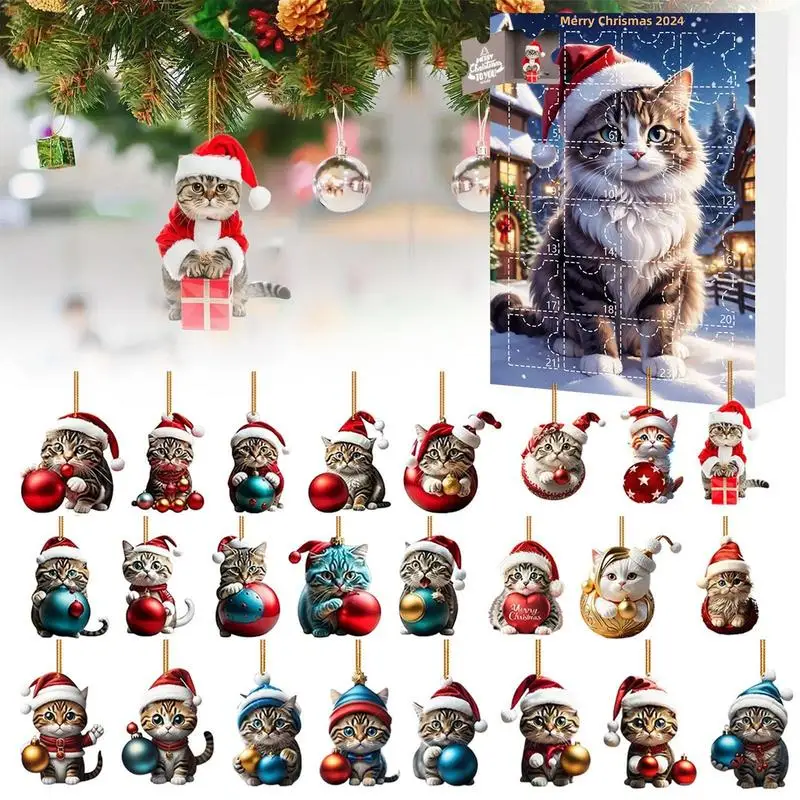 Cartoon Cat Ornament Calendar 2024 Christmas Countdown Advent Calendar Wall Decoration for Holiday Party Stocking Stuffer Xmas