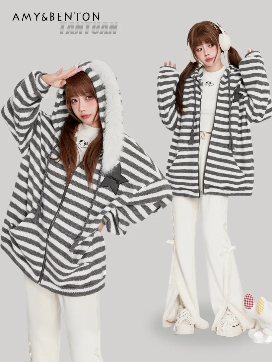 

Sweet Stripes Rabbit Ears Plush Hoodies Kawaii Loose Casual Hoodies Women Preppy Style Winter Clothes Women Cute Couple Clothes