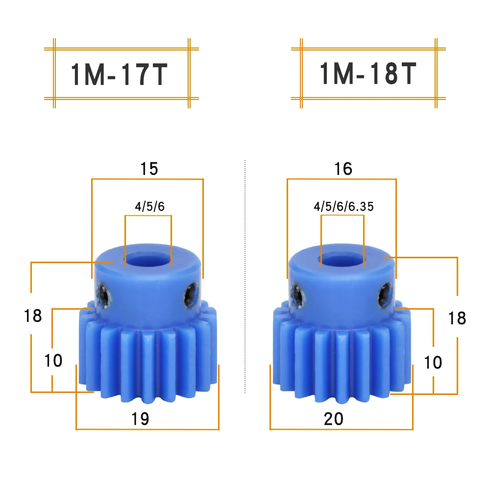 Nylon Gear 1M-15T/16T/17T/18T/19T/20T Teeth Pitch 3.14 mm Blue Spur Gear Teeth Height 10 mm Total Height 18mm Bore 4/5/6/6.35mm