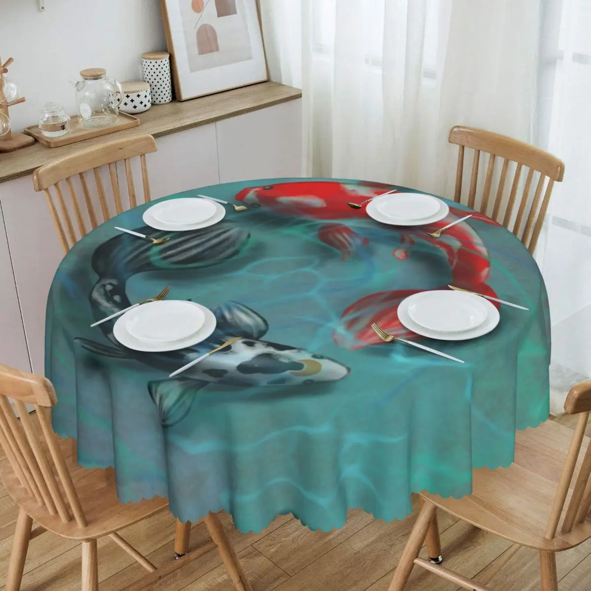 

Yin Yang Koi Fish Tablecloth Round Oilproof Carp Table Cloth Cover for Banquet 60 inches