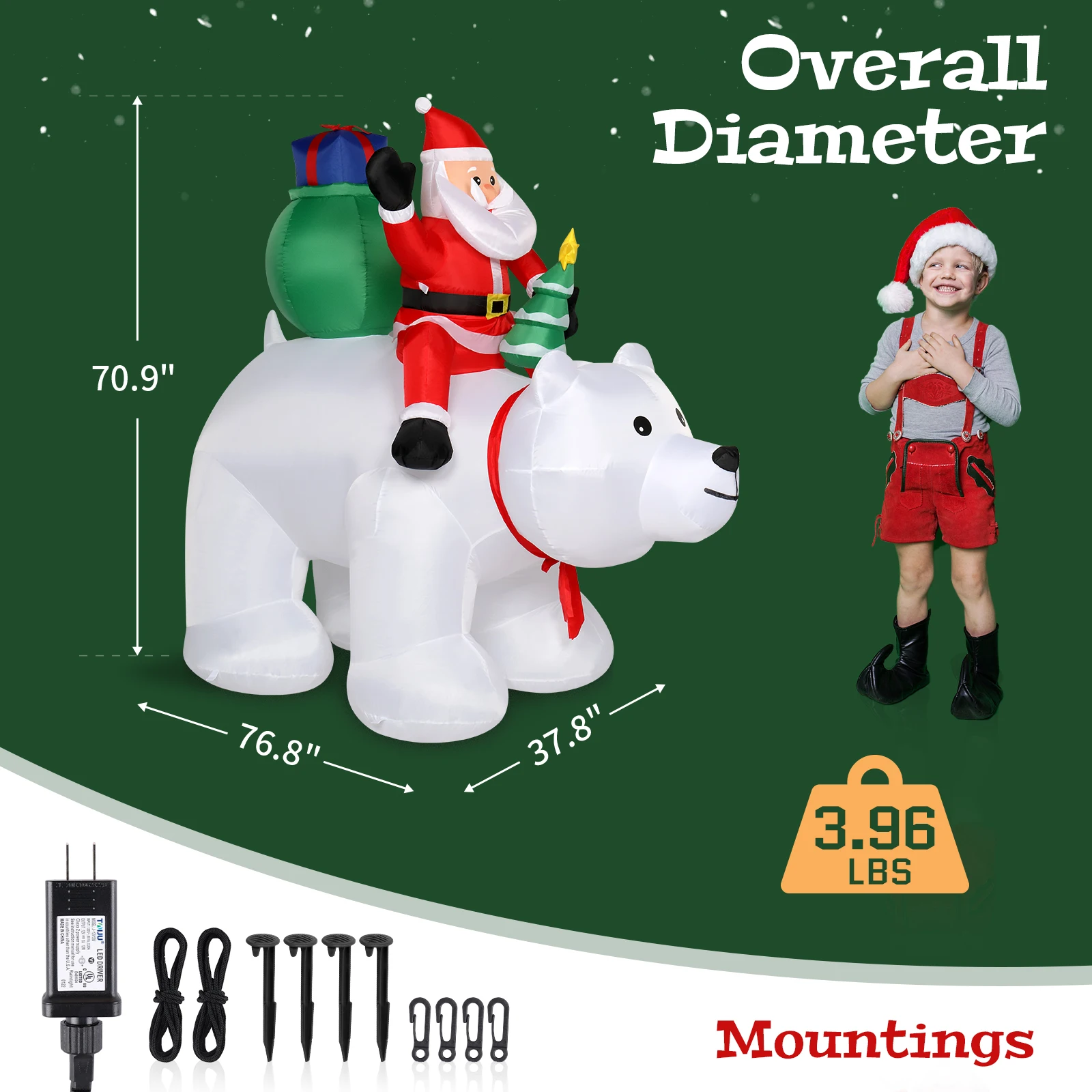 6ft 15W 7pcs LED Lights Santa Claus Rides Polar Bear Garden Santa Claus Decoration