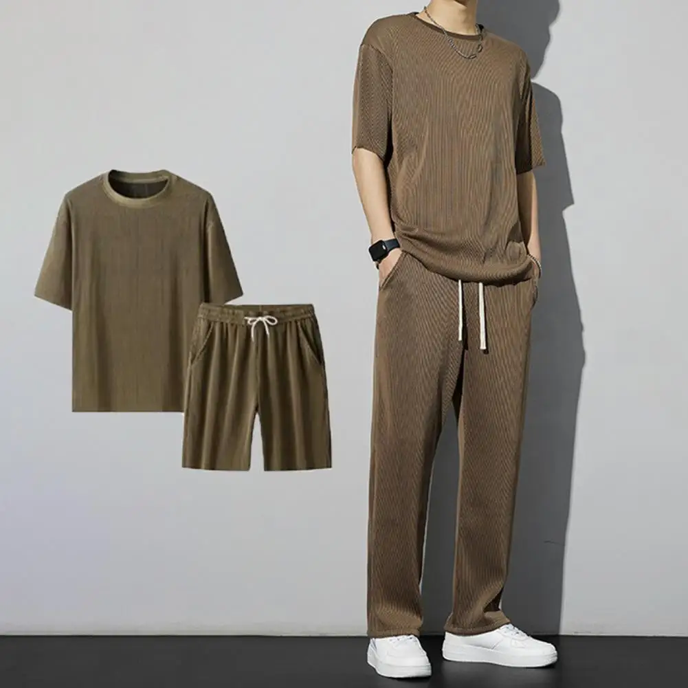 

1 Set Men Summer T-shirt Pants Sports Set Short Sleeves Pullover Top Drawstring Trousers Two-piece Set Casual Wear Men Tracksuit
