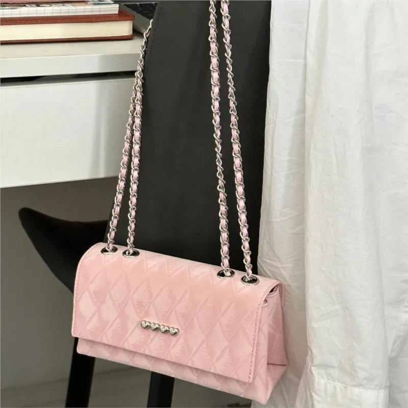 JIAERDI Sweet Cute Heart Handbag Women Diamond Pattern Square Chain Shoulder Bags Ladies Elegant Gentle High End Crossbody Bag