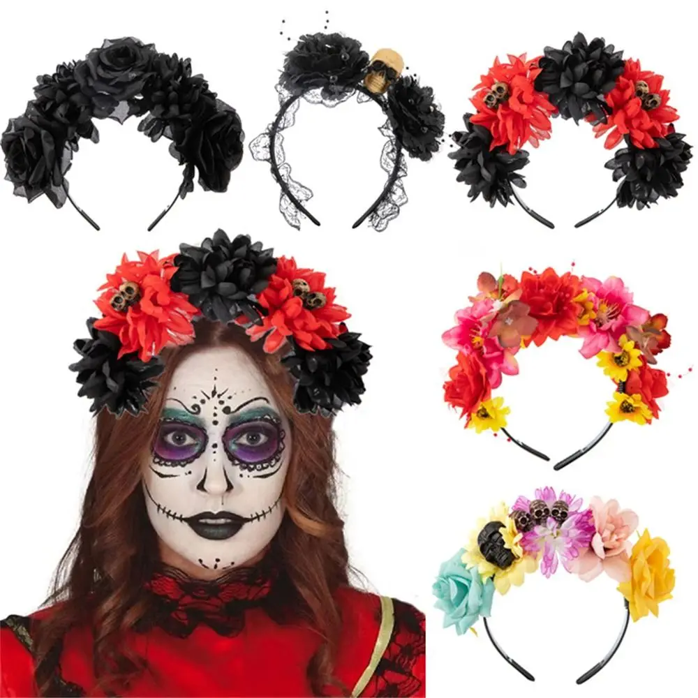 1pc Rose Flower Headband Mexican Rose Flower Crown Headband Headpiece with Black Veil Halloween Party Costume Cosplay Headwear