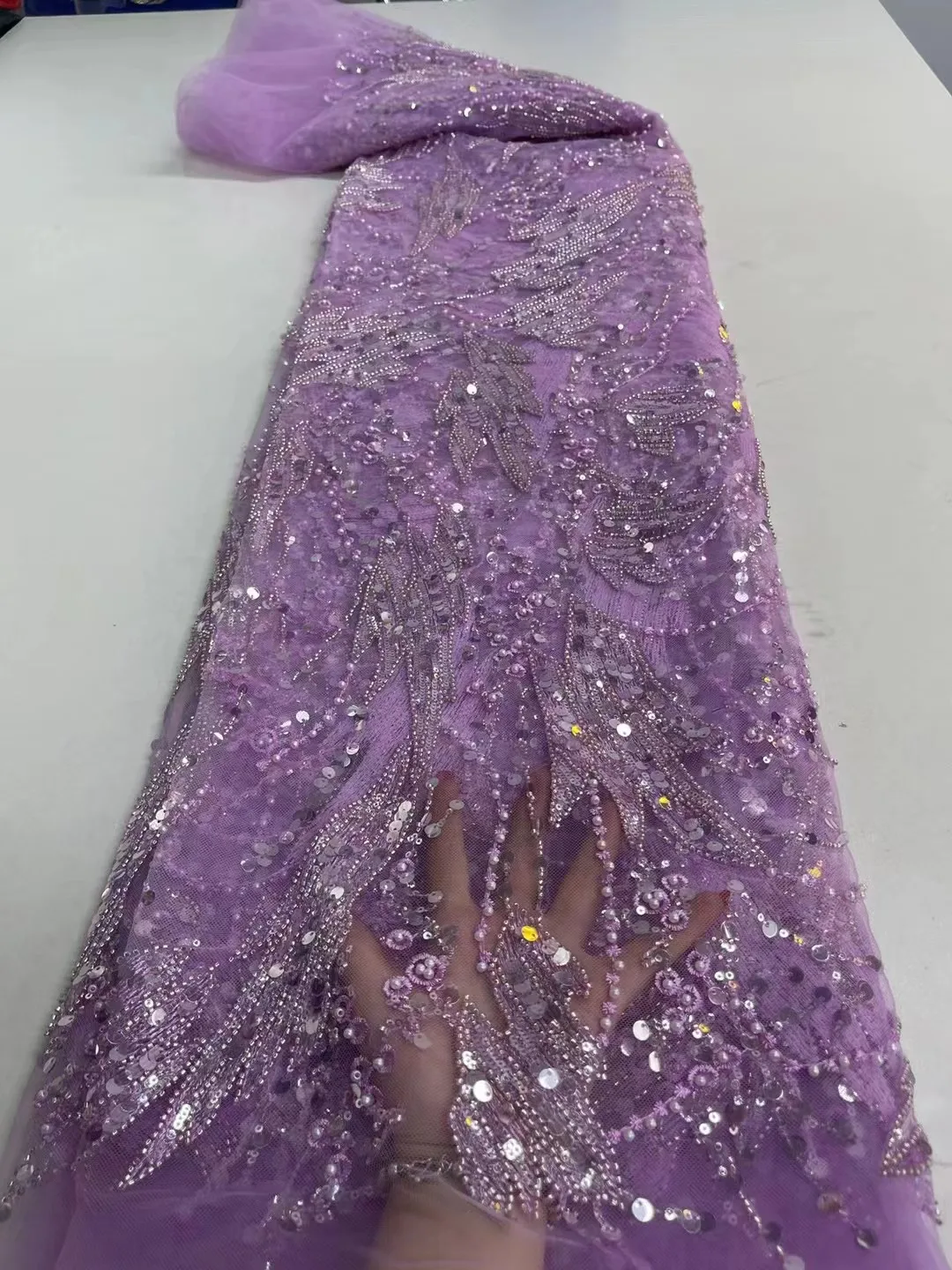 

Purple Luxury Sequence Lace Fabric Africa Nigeria Wedding Lace Fabric Heavy Beaded Lace Fabric Rhinestones For Party Dress