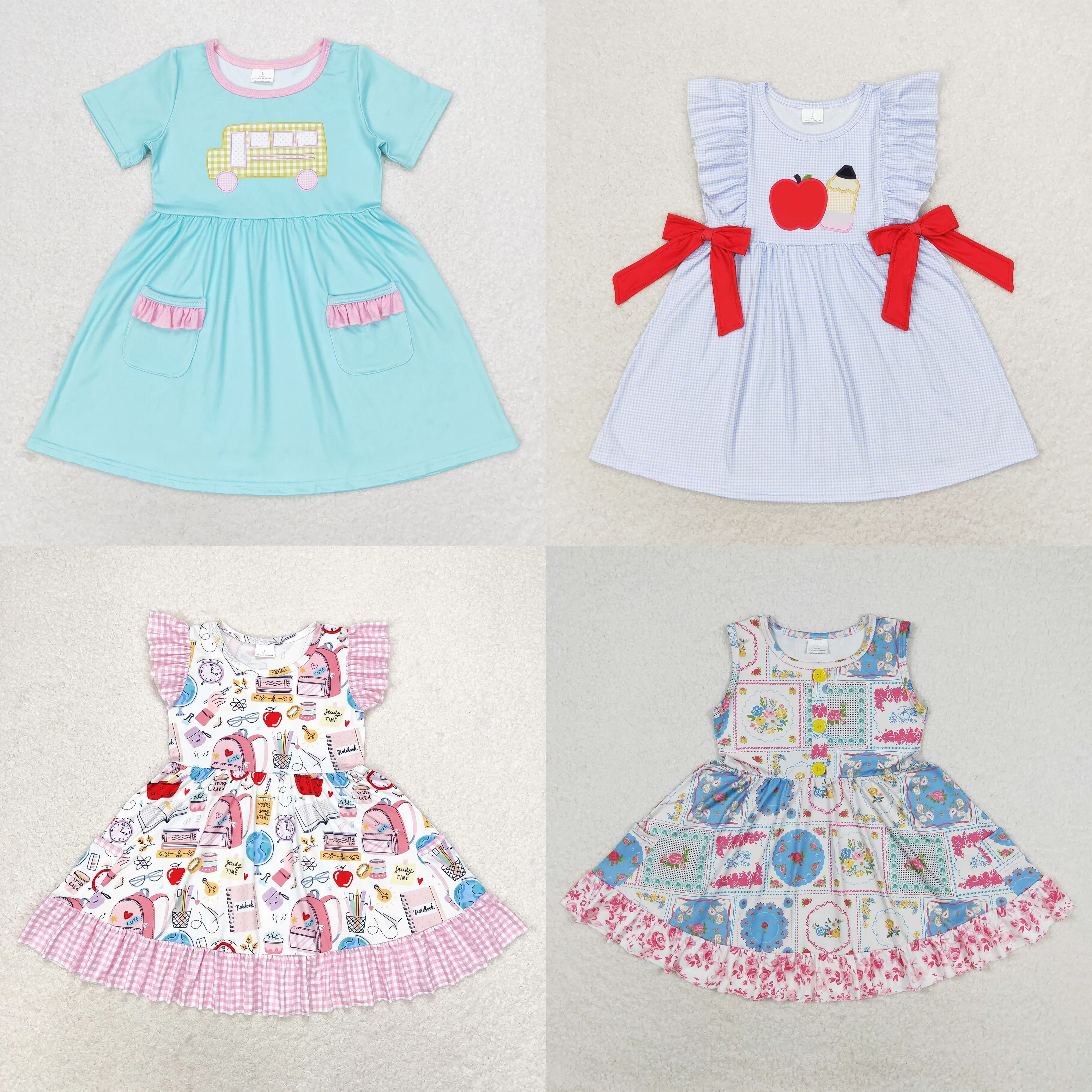 Baby Girl Summer Short Sleeves Dress Boutique Blue Clothes Kids Children Toddler Back To School Knee Length One Piece