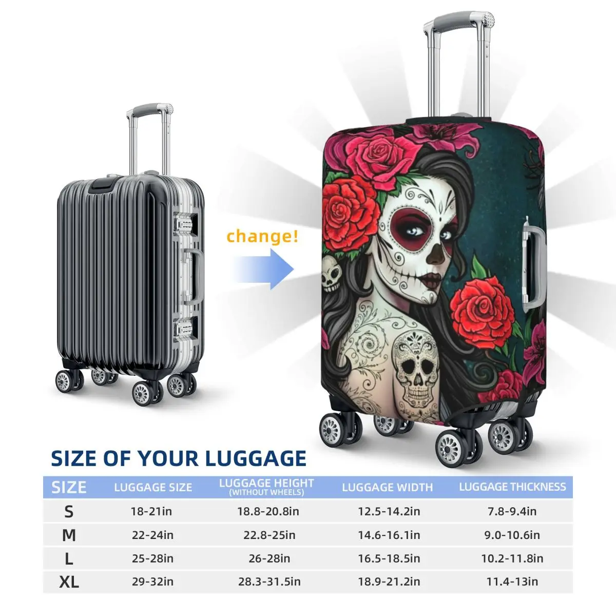 Mexican Catrina Sugar Skull Lady Suitcase Cover Washable Luggage Covers Protector for 18-32 inch