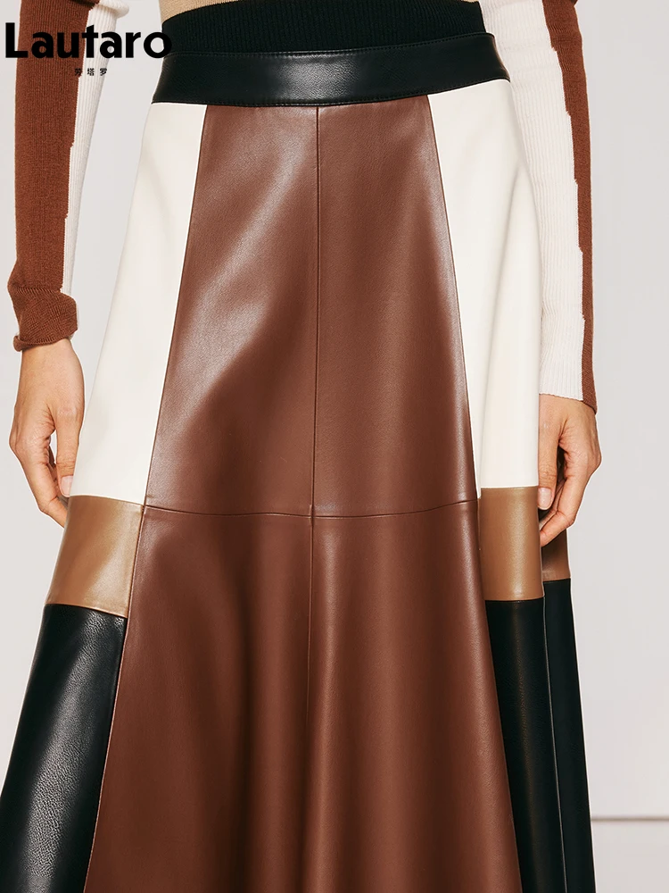 Lautaro Spring Autumn Long Color Block Patchwork Soft Pu Leather