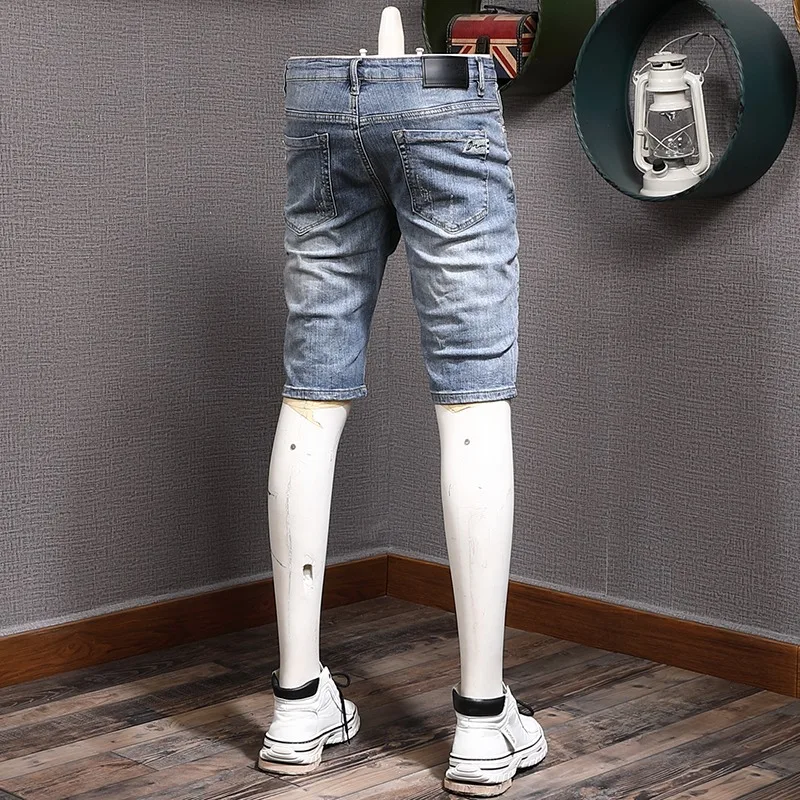 Short Jeans Men Streetwear Ripped Denim Shorts Summer Fashion Casual Light Blue Stretch Slim Fit Pants