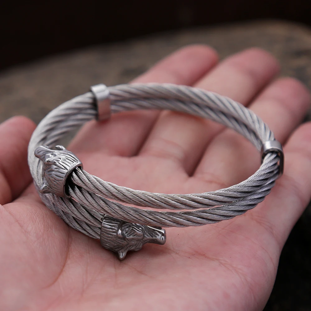 Men's Stainless Steel Norse Viking Double Wolf Head Bracelet Punk Biker Vintage Animal Bangles Charm Trendy Jewelry Dropshipping 5