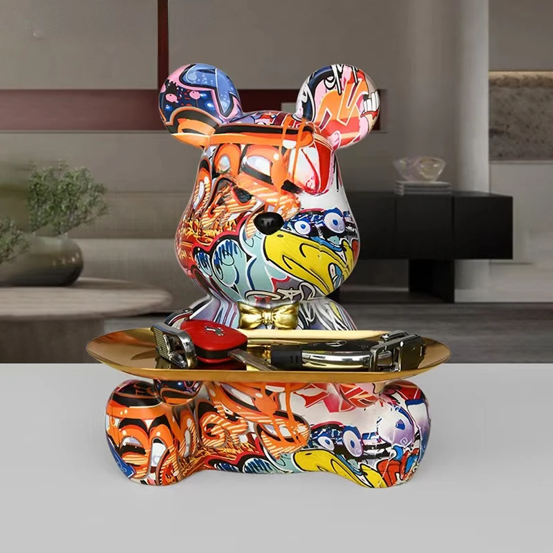 

Graffiti Bear Figurine Tray Storage Animal Handicraft Resin Sculpture Keys Storage Shelf Modern Table Decor Statues Decoration