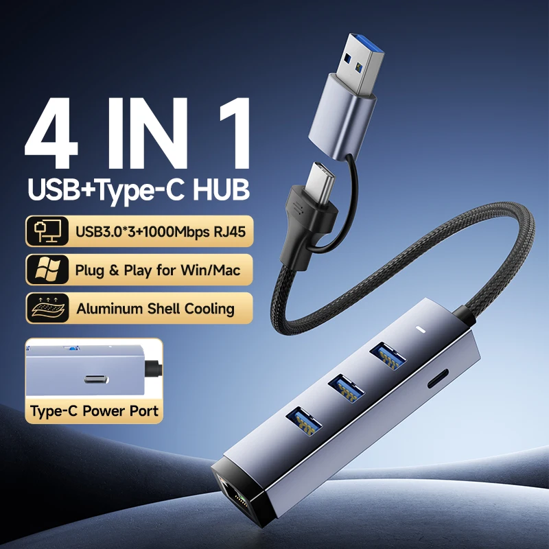 MZX 기가비트 USB 3.0 허브 어댑터 - 1000Mbps RJ45 네트워크 카드 1G 이더넷 타입 A C PC 노트북 컴퓨터 액세서리 (맥북용)