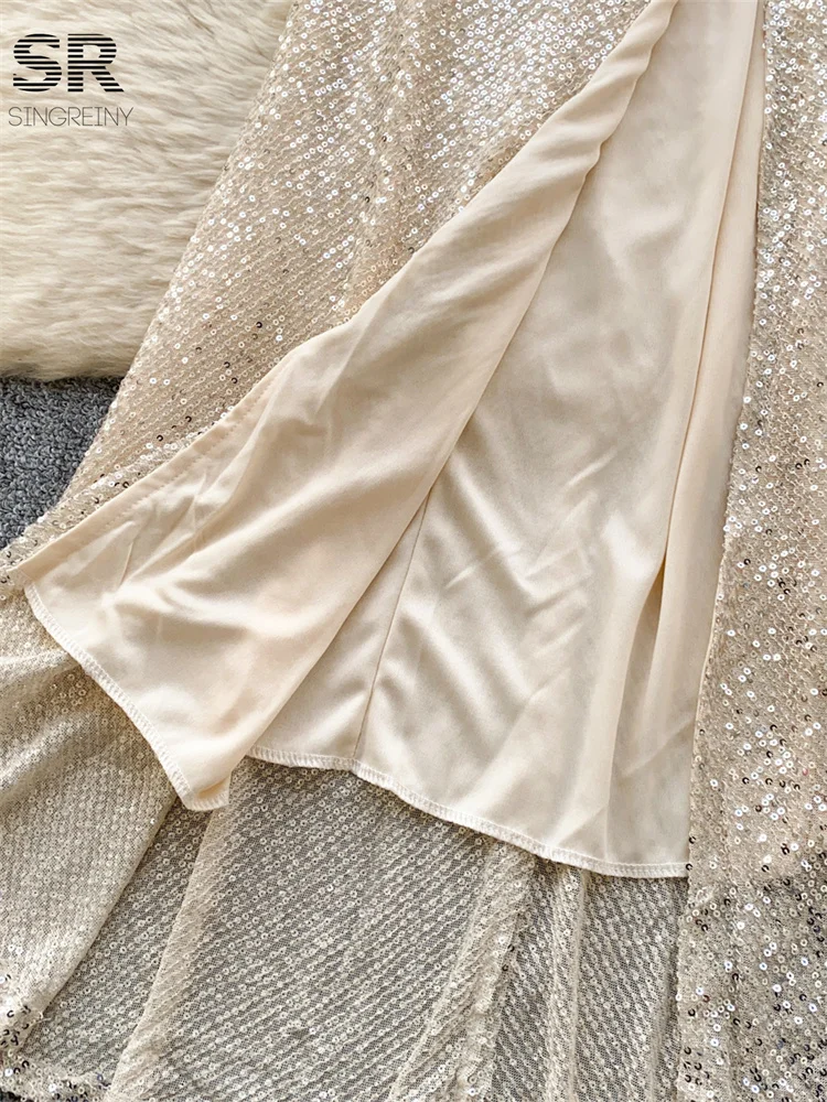 SINGREINY Sequined Senior Party Dress Women Sleeveless Off Shoulder Split Zipper Design Folds Luxury Shinny Strapless Dresses 6