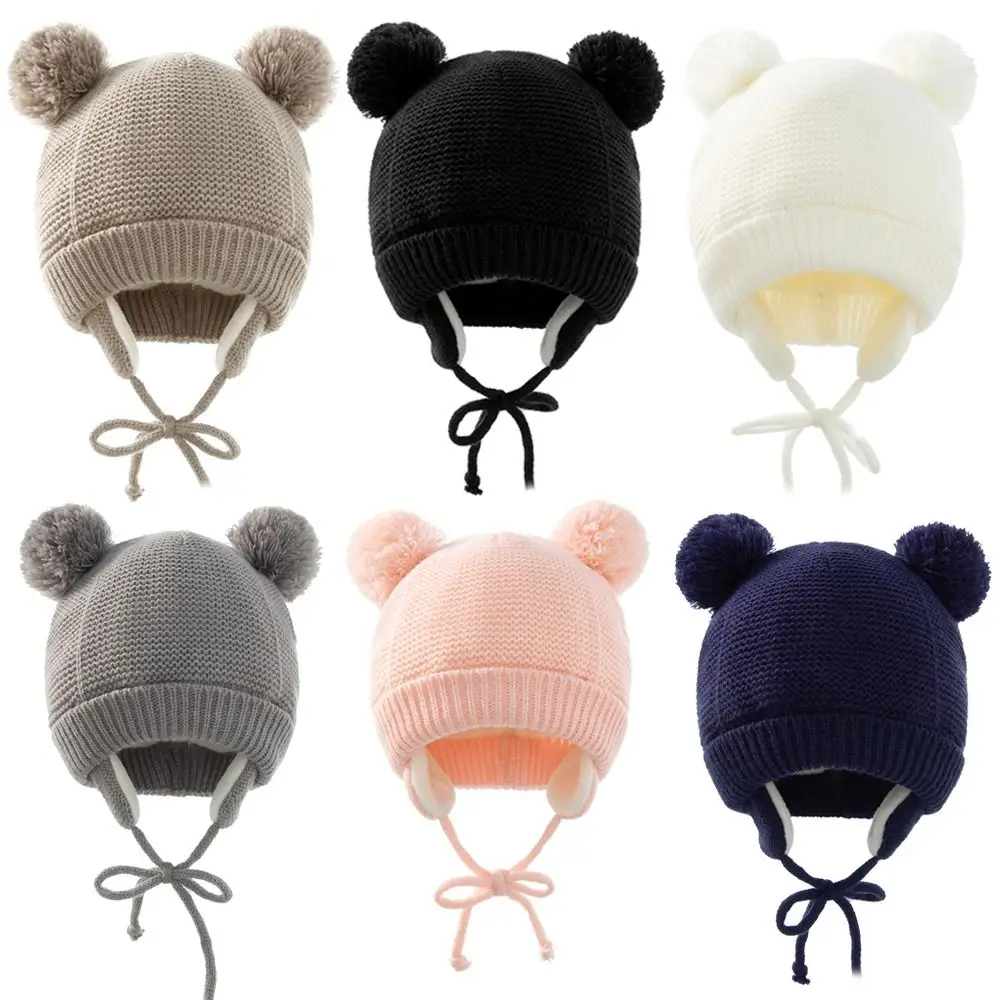 

With Pom Pom Children's Ear Protection Hat Winter Windproof Fleece Lined Baby Knitted Hats Warm Thicken Warm Cap Toddler