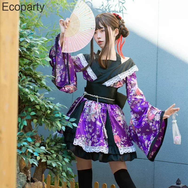 

New Women Traditional Japanese Lolita Kimono Dress Anime Kawaii Sakura Printed Yukata Dresses Girls Stage Show Dance Costume