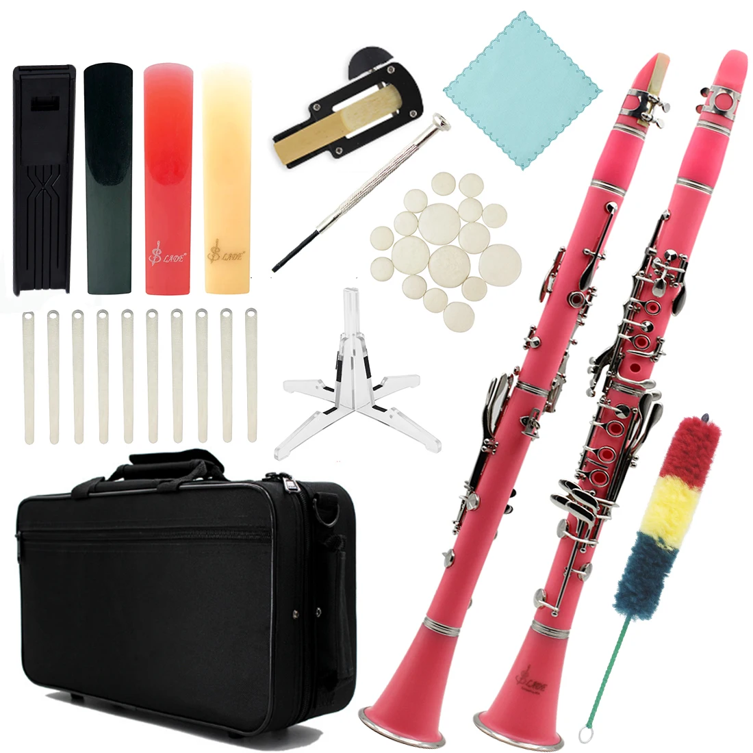 

Pink Bb Clarinet B-flat Beginner Student Clarinet for School Orchestras Adults with Hard Shell Cleaning Kit Bracket Gloves Parts