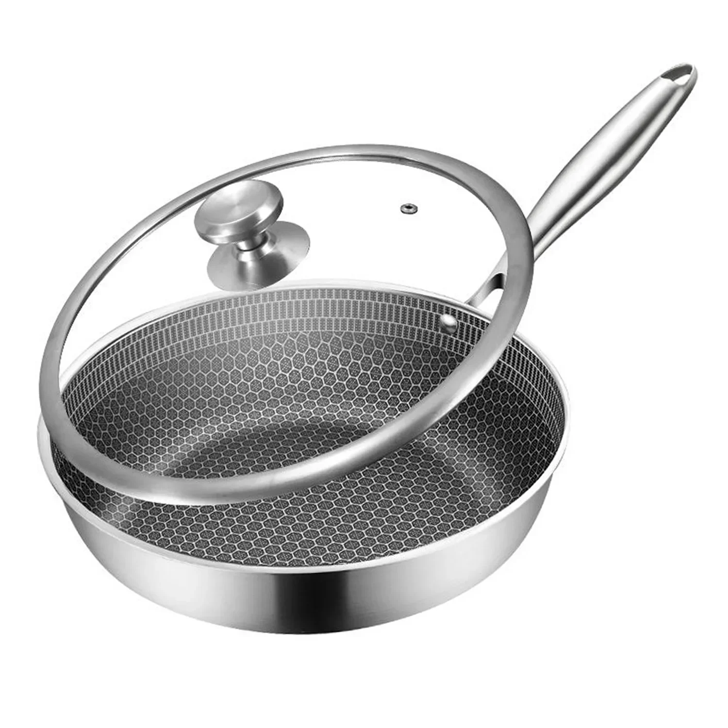 

Frying Pans with Glass Lid 316 Stainless Steel Skillet Honeycomb Wok Pan
