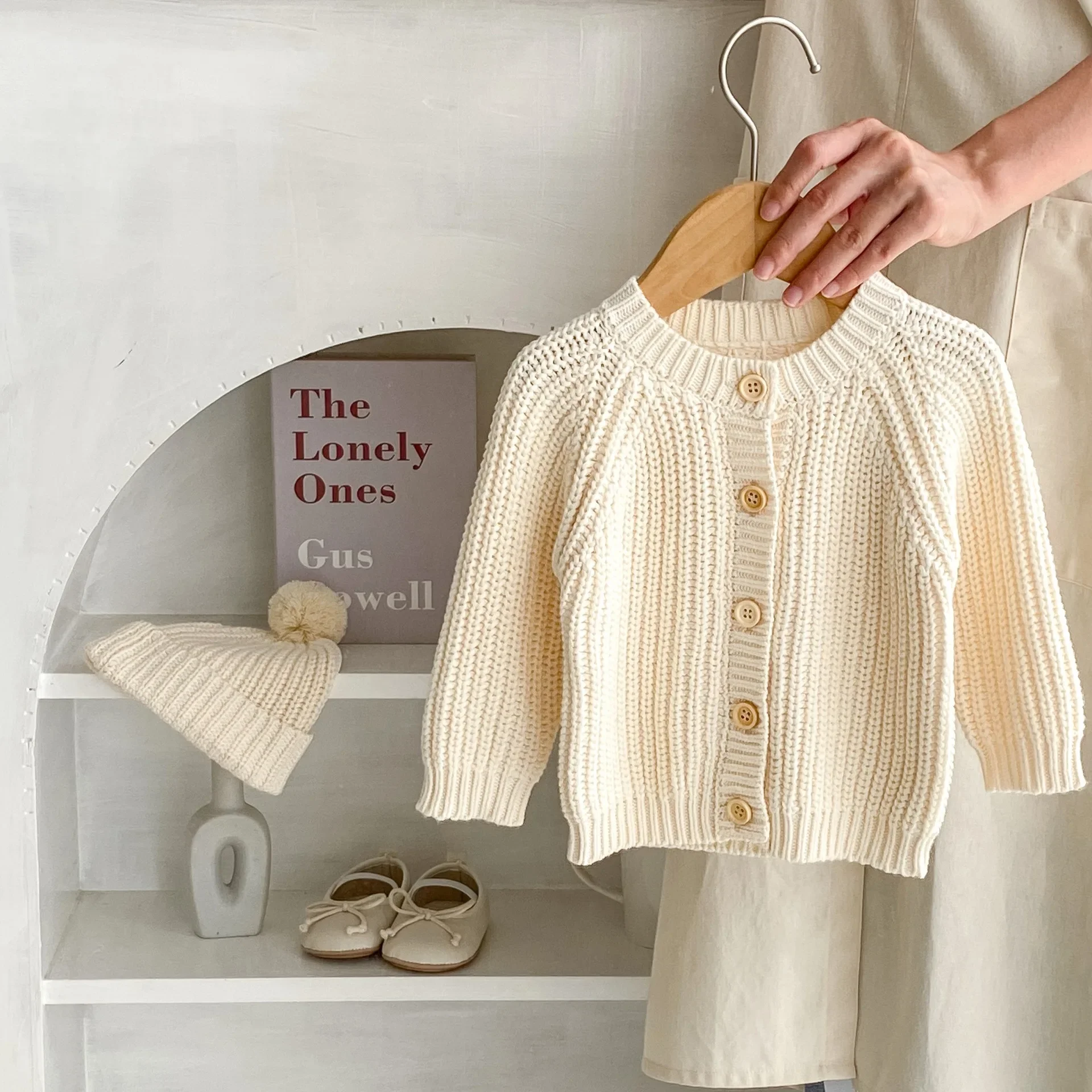 Baby Sweater Coat Autumn Solid Color Beige Knitted Girl's Sweater Long-sleeved Coat 0-3Year Kid's Cardigan