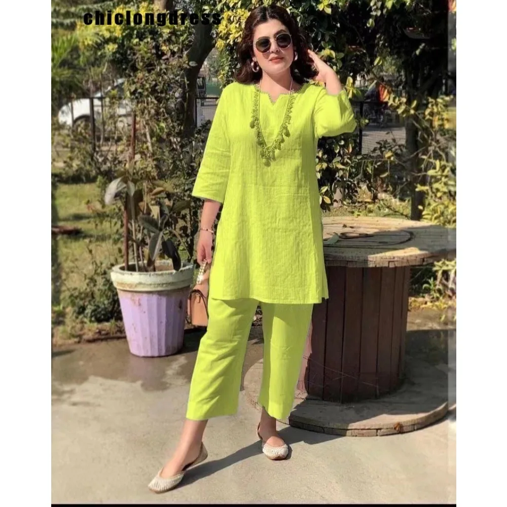 

Комплект из двух предметов женский из хлопка и льна, Модный повседневный Свободный Длинный топ и широкие брюки, комплект из двух предметов, на лето