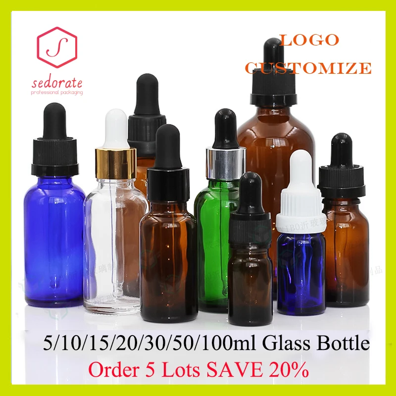 Amber Glass Bottle With Dropper Lid Green Glass Refillable Bottles Essential Container Perfume 10pcs 5ml 10ml 30ml Bottles LZ019