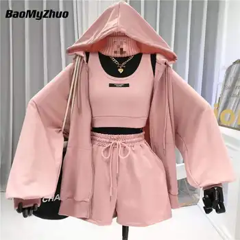 Casual Shorts Three 3 Piece Sets Women Vest Drawstring Shorts Hooded Zipper Jacket Sportswear Suits Female Solid Sports Hoodie 1