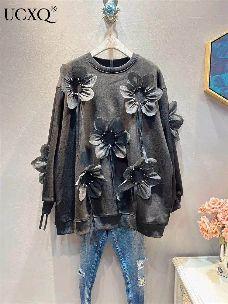 

UCXQ New Fashion Women's Nailed Bead Flower O Neck Pullover Sweatshirt Plush Ruffle Edge Long Sleeve Top 2024 Spring Autumn 6906