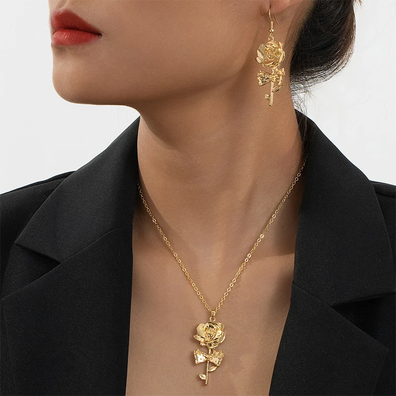 Metal Rose Flower Bangle For Women Fashion Jewelry Earrings Necklace Set Holiday Accessories Daily Wear Romantic Gifts MQF040 2
