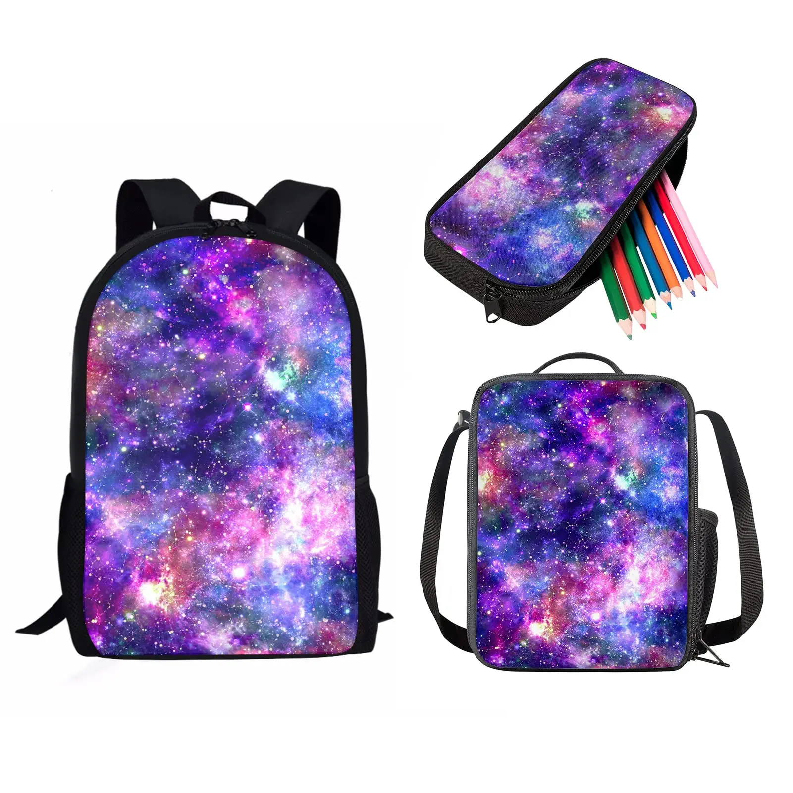 Purple Star/Galaxy Design Durable Large Capacity Backpack Youth Casual Outdoor Travel Bag With Zipper Messenger Bag Pencil Case