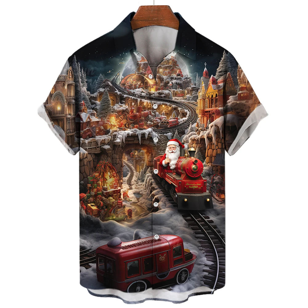 

Hot Sell Shirts For Men Christmas Train Printed Men'S Clothing Tops Loose Oversized Shirts Blouse Street Designer Short Sleeves