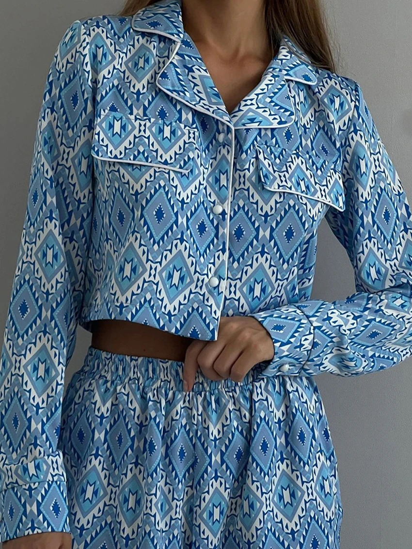 Marthaqiqi Printing Femme Nightwear Set Turn-Down Collar Sleepwear Long Sleeve Crop Top Pajama Pants Casual Nightie 2 Piece Suit