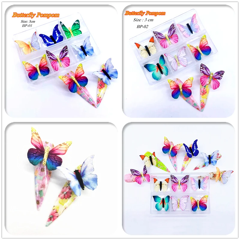 

6 Pcs Butterfly Nail Art Charms Magnetic Pom Manicure Decoration Glitter Silk Design Rhinestones Jewelry Acessories 3D Pompoms