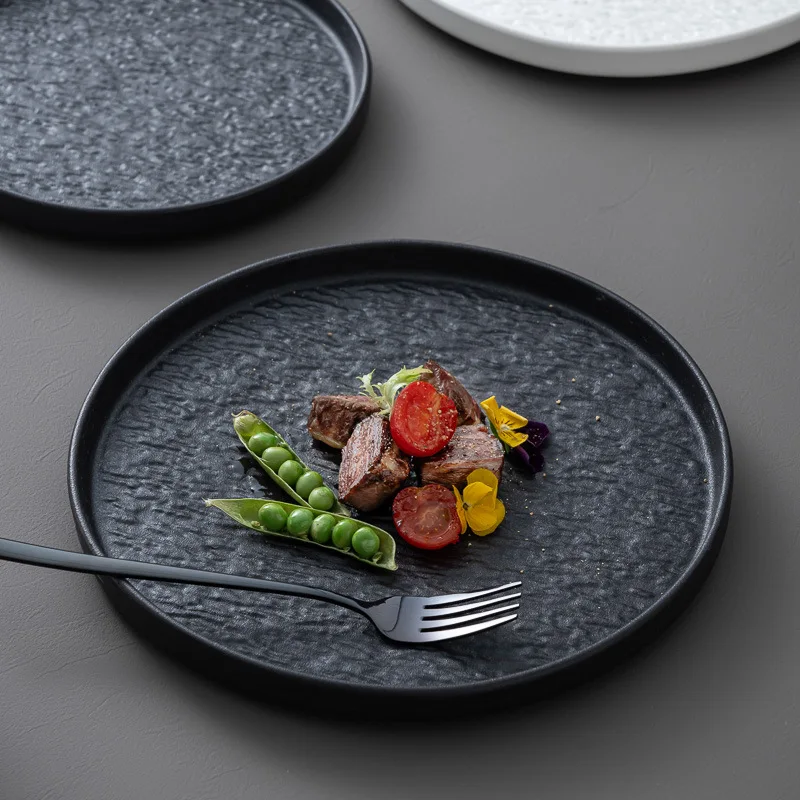White/Black Ceramic Dishes Stone Rexture Porcelain Serving Plate Round Western Steak Tray Snack Cake Dessert Deep Dinner Plate