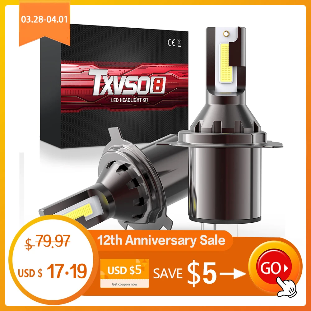 TXVSO8 2022 H4 Led Headlights Error-Free Bulbs 6000K Universal Mini 9003/HB2 Hi/Lo Diode Lamps 12V Car Lights 28000LM Lampe | Автомобили и