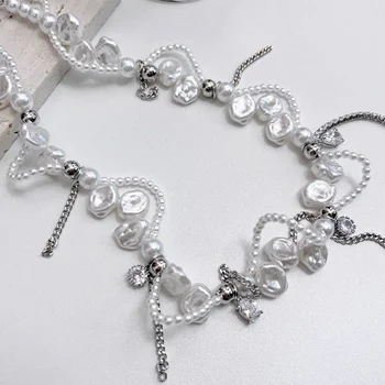 قلادة سلسلة غير منتظمة من اللؤلؤ واللون الفضي للنساء ، حلوة وباردة ، نمط التوابل ، شخصية ، موضة جديدة 3