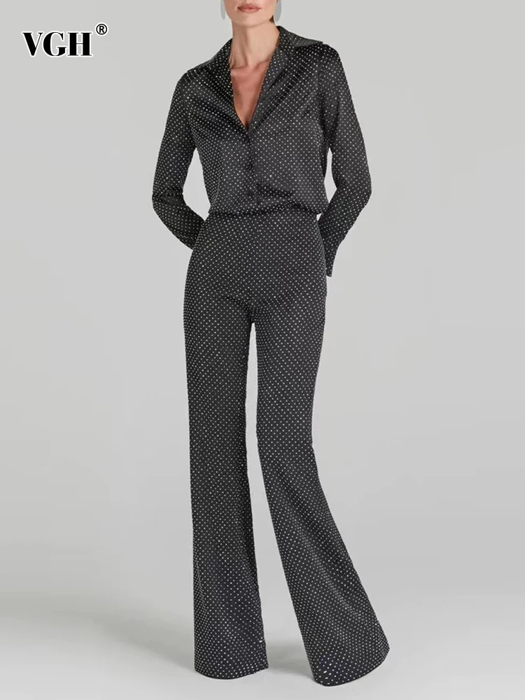 

VGH Patchwork Diamonds Temperament Two Piece Set For Women Lapel Long Sleeve Top High Waist Wide Leg Pants Casual Sets Female