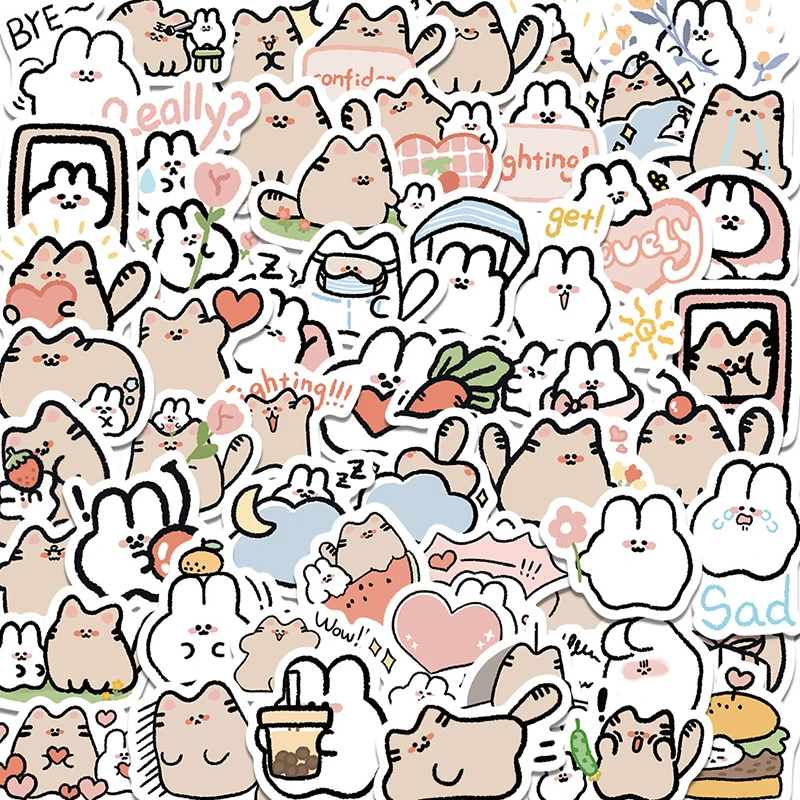 

10/30/60PCS Cute Rabbit Cat Sticker Aesthetic PVC Sketchbook Stationery Kawaii Children's Diary Scrapbooking Supplies for Kids