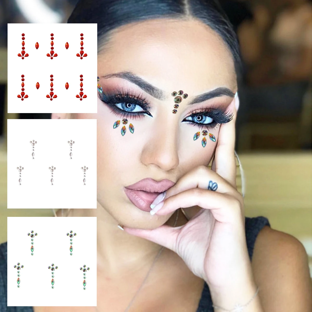 Gemas faciales para mujer, Tatuajes Temporales, joyas de diamantes para la frente del ojo, pegatina con purpurina, cristales de puntos, decoración de joyería de maquillaje