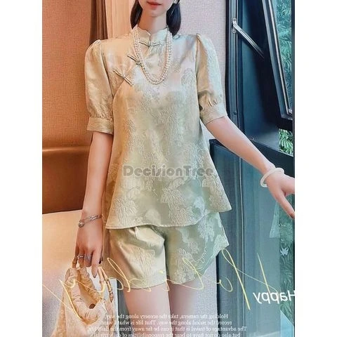 chinese national style women fashion short-sleeved stand collar shirt wide-leg shorts two-piece summer tang suit set w620