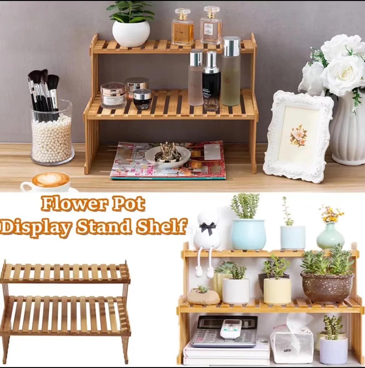 

Bamboo Double Layer Storage Rack Chinese Style Solid Wood Tea Set Storage Rack Plant Planting Display Rack