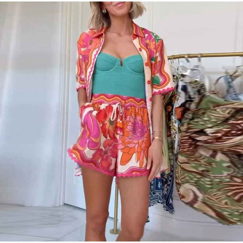 Sommer Floral Bedruckte Shorts Set Casual drehen-unten Kragen Kurzarm Einreiher Tops Bequeme frauen Kurze Strand Tragen – Detail 8