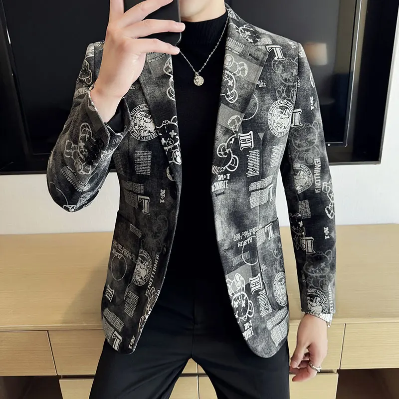Autumn Winter Jacquard Denim Suit Jacket for Men Fashion Business Casual Blazers Streetwear Social Men Clothing