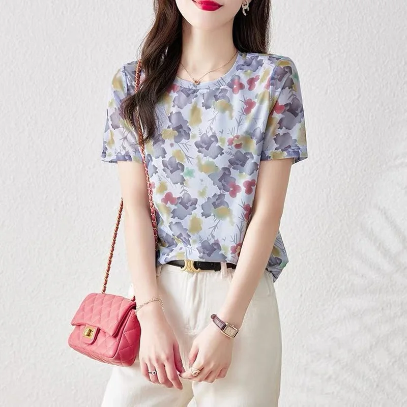 2023 New Summer Fashion Trend Small Fresh Round Neck Print Commuting Simple Casual Loose Versatile Short Sleeve Women's Shirt