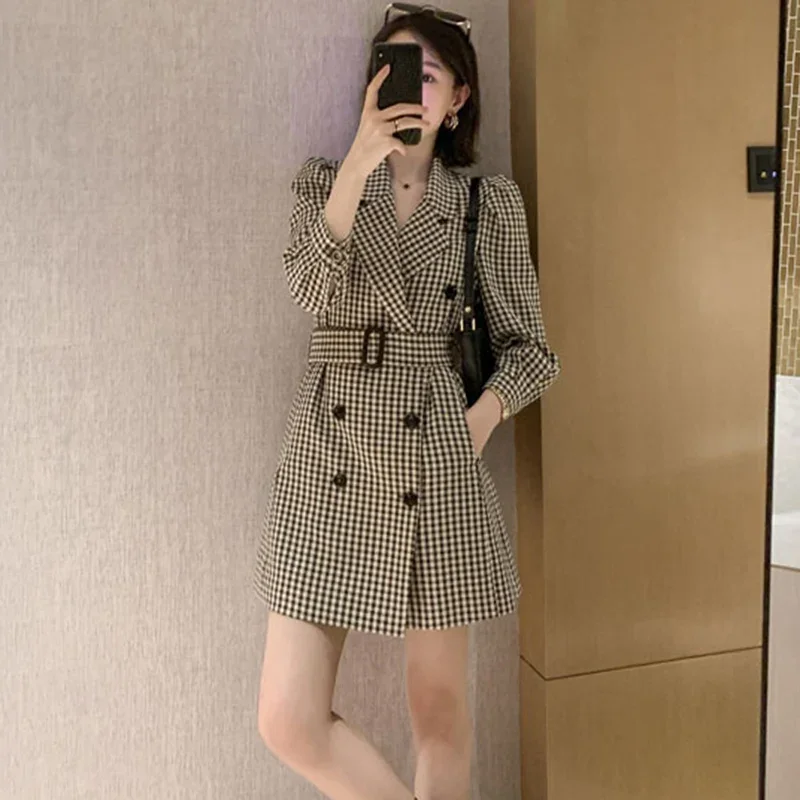 Women Fashion Sashes Plaid Suit Jacket Autumn 2022 New Puff Sleeve Button Blazer Woman Double Breasted Long Outwear Femme OL