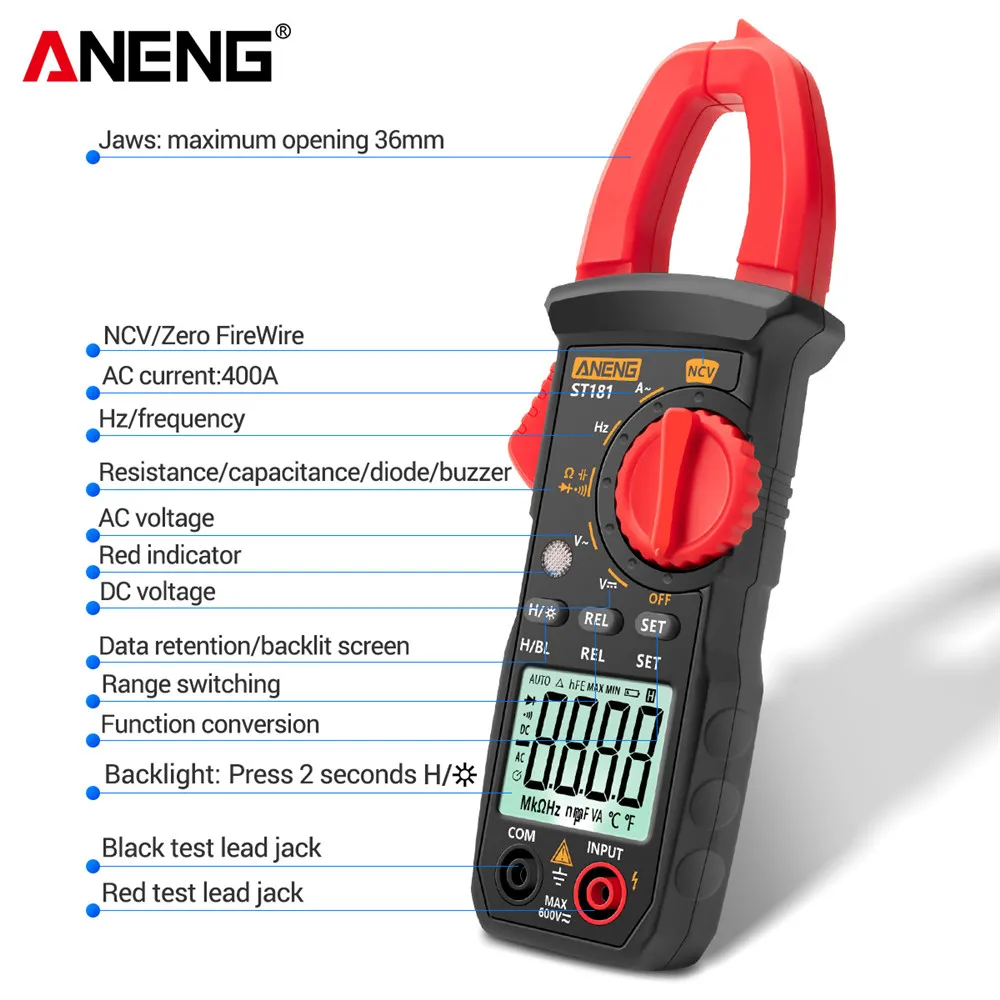 

ANENG ST181 Digital Clamp Meter DC/AC Current 4000 Counts Multimeter Ammeter Voltage Tester Car Amp Hz Capacitance NCV Ohm Test