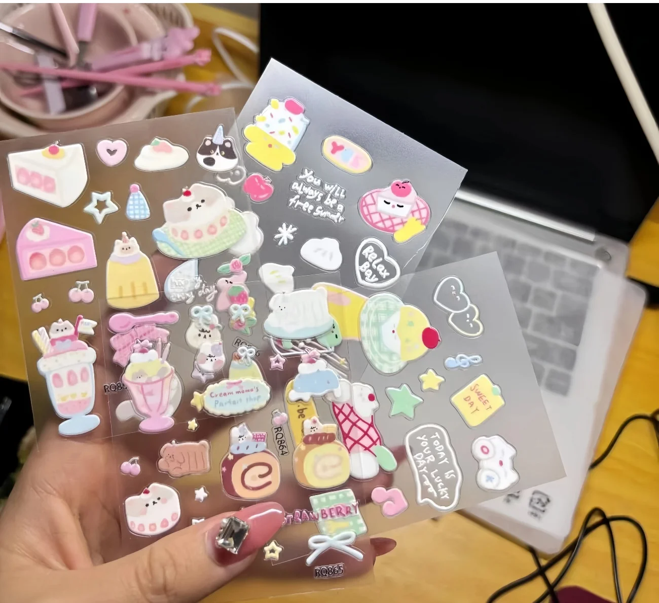 귀여운 새 빵 고양이 젤리 입체 스티커 리본 강아지 DIY 휴대폰 컴퓨터 태블릿 장식